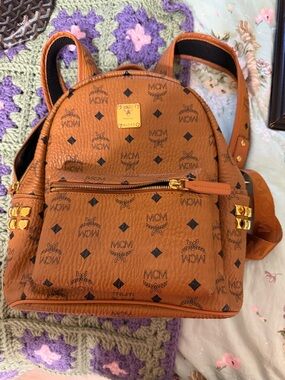 MCM Cognac Visetos Mini Backpack with Gold Hardware